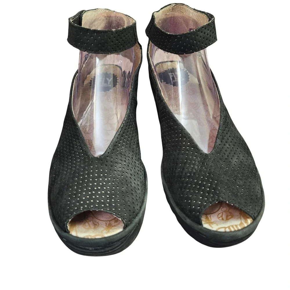 Fly London Yala Black Perforated Nubuck Leather Wedge Sandals Peep Toe 41